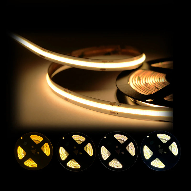 ECO COB Dotless LED Strips, 3W/ft, 5000K, 8mm, Dimmable, Outdoor 24V, IP65, 16-ft