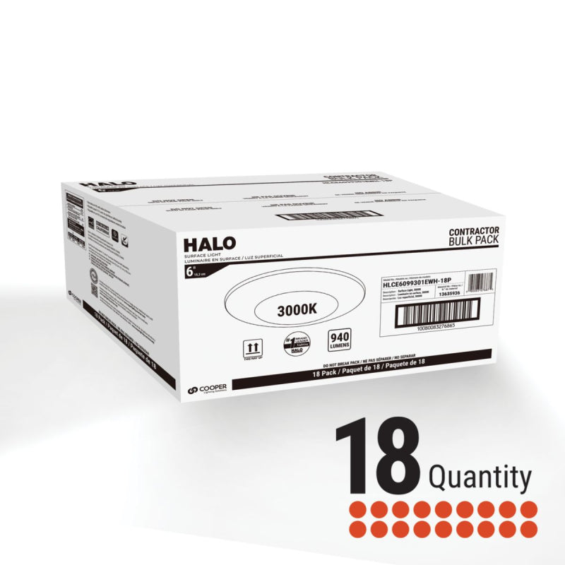 Halo HLCE 6" Surface Mount LED Disk Light,  Up to 990 Lumens, 3000K, Cal T20, 120V, 18-Pack