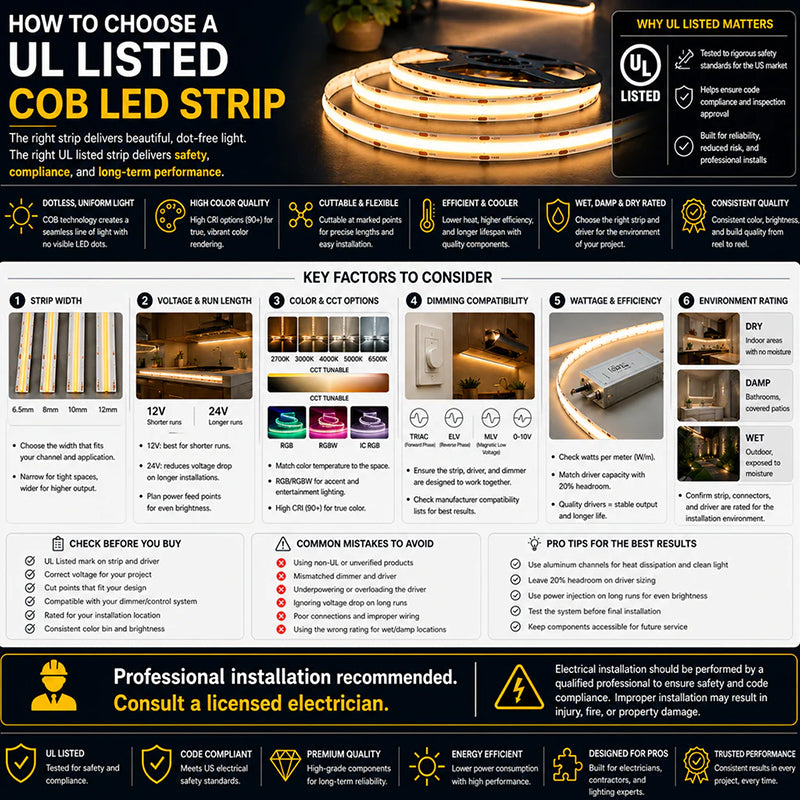 ECO COB Dotless LED Strips , 3w/ft, 5000K, 8mm, Dimmable, Indoor 24V , IP20, 82Ft