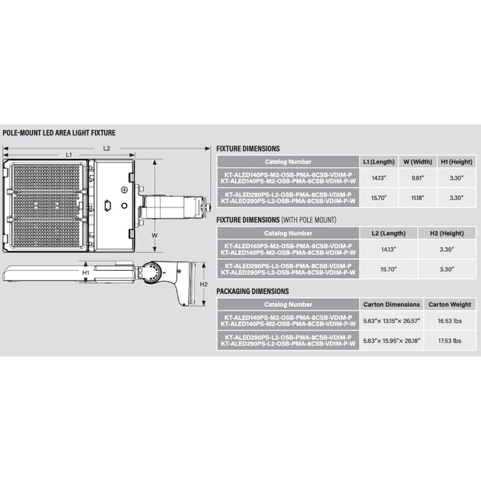 Keystone KT-ALED290PS-L2 185W/210W/290W Pole Mount LED Area Light with Optic Swap, 3 Wattage & 3CCT Selectable, 120-277V