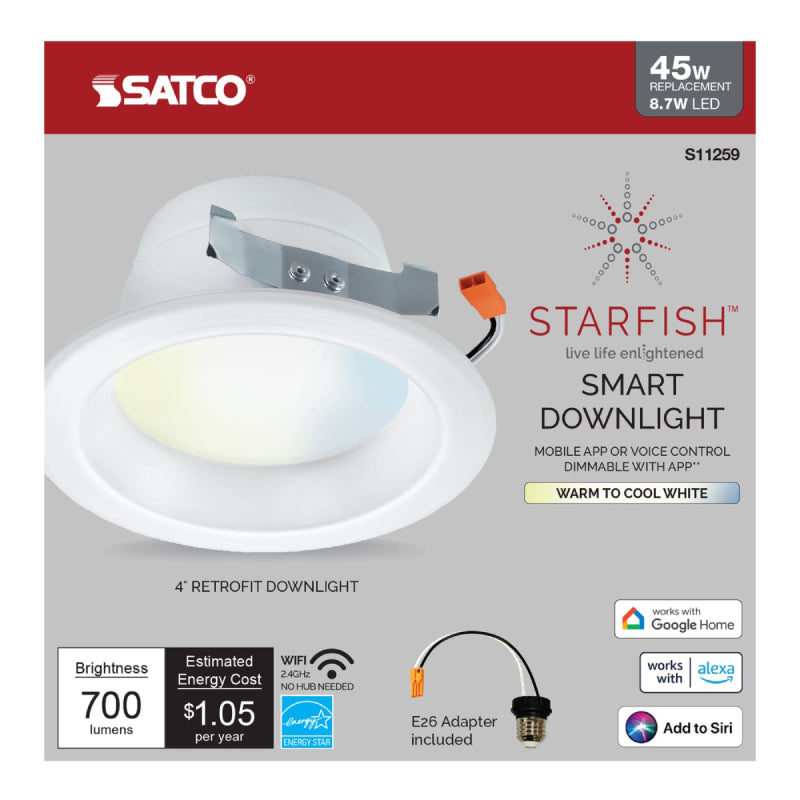 Satco S11259 4" 8.7W LED Recessed Downlight, Tunable White, 120V, 700lm