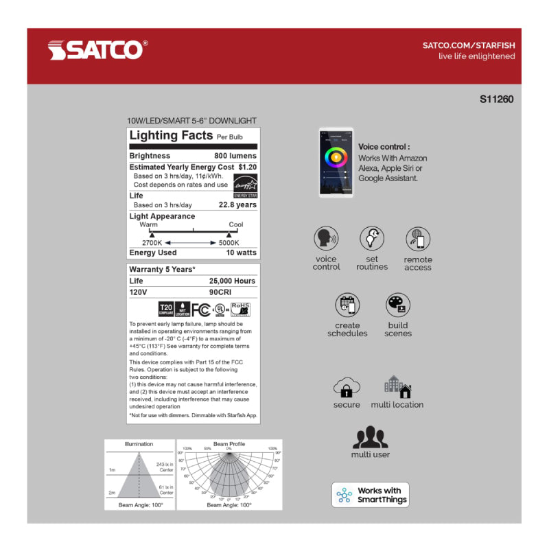 Satco S11260 5"/6" 10W LED Recessed Downlight, Tunable White, 120V