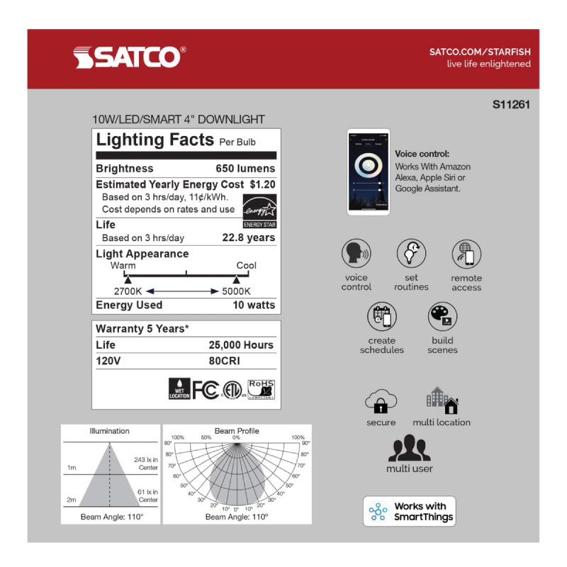 Satco S11261 4" 10W LED Direct Wire Downlight, Tunable White, 120V