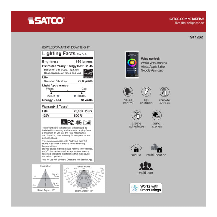 Satco S11262 6" 12W LED Direct Wire Downlight, Tunable White, 120V
