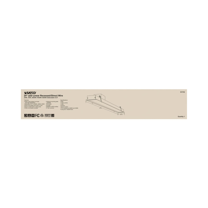 Satco S11722 24" 20W LED Direct Wire Linear Light, Selectable CCT , 1500 Lumens, 120V, White
