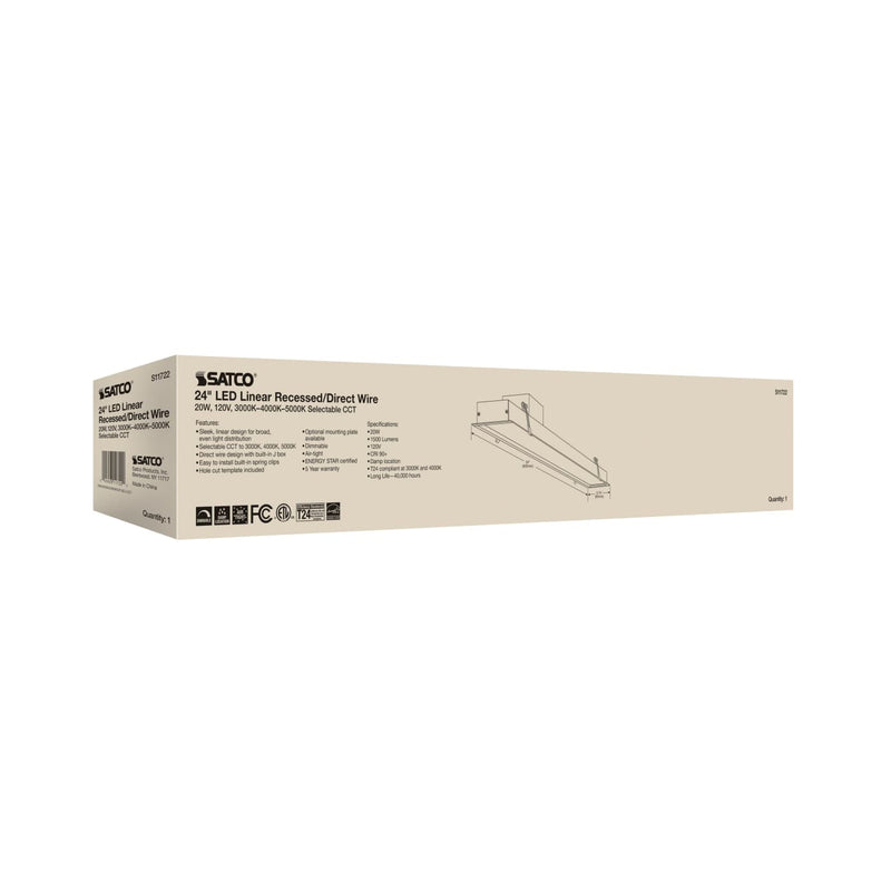 Satco S11722 24" 20W LED Direct Wire Linear Light, Selectable CCT , 1500 Lumens, 120V, White