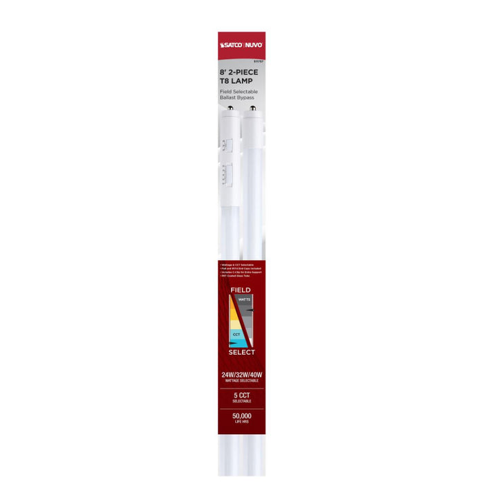 Satco S11757 8-ft 24W/32W/40W LED T8 Lamp, FA8 Base, 5CCT Selectable, Type B (Ballast Bypass), 2-Pack
