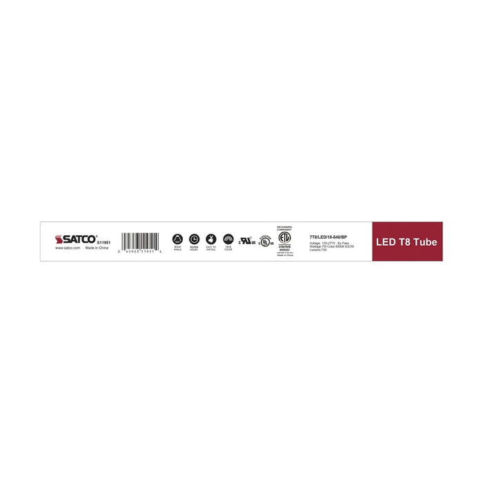 Satco S11951 7W T8 Linear LED Lamp, 4000K, G13 Medium Bi Pin Base, 120-277V, Type B