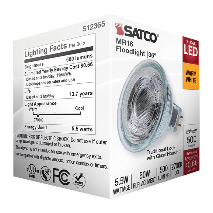 Satco S12365 5.5W MR16 LED Bulb, GU5.3 Base, 2700K