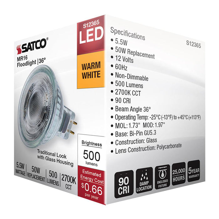 Satco S12365 5.5W MR16 LED Bulb, GU5.3 Base, 2700K