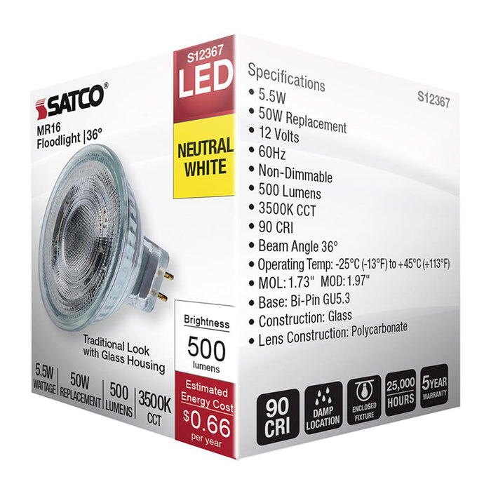 Satco S12367 5.5W MR16 LED Bulb, GU5.3 Base, 3500K