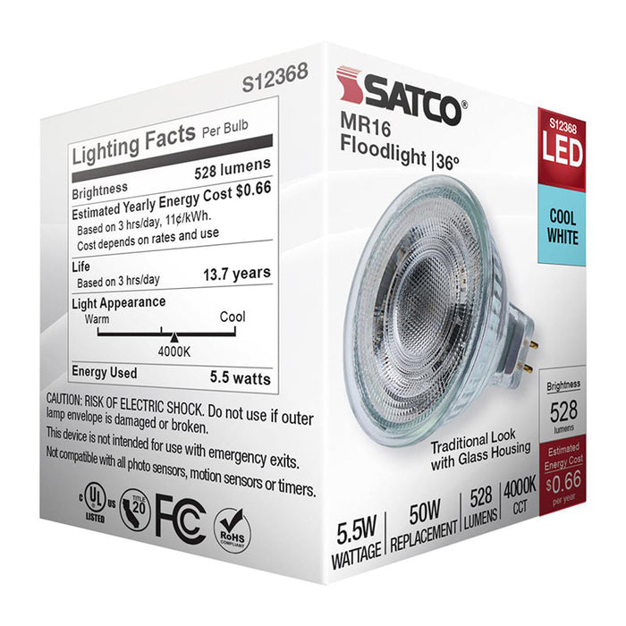 Satco S12368 5.5W MR16 LED Bulb, GU5.3 Base, 4000K