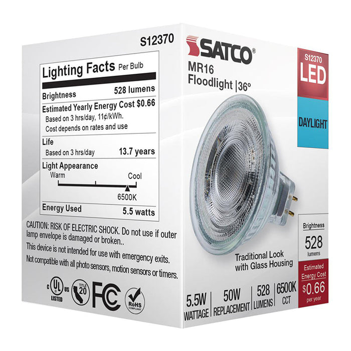 Satco S12370 5.5W MR16 LED Floodlight, GU5.3 Base, 6500K