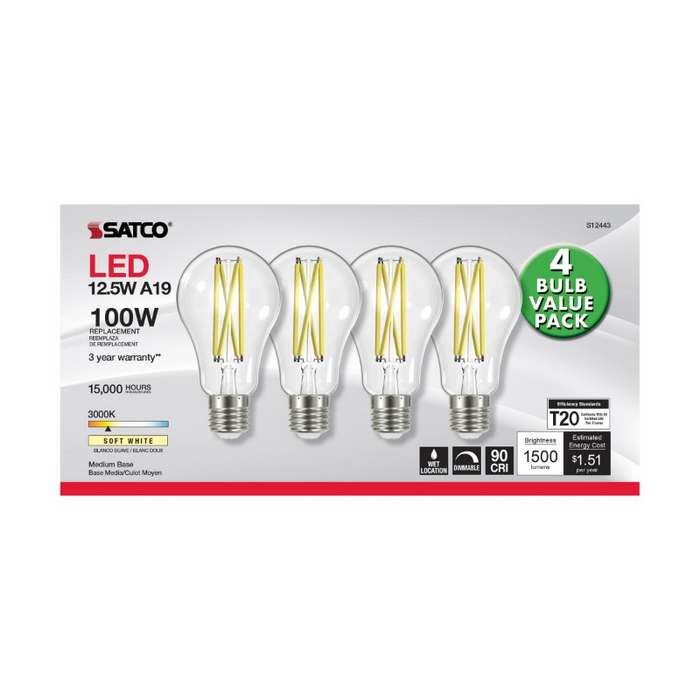 Satco S12443 12.5W A19 Dimmable LED Filament Bulb, E26 Base, 3000K, Clear, 4-Pack