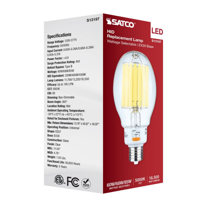 Satco S13197 60W/68W/85W LED HID, ED37, 5000K, EX39 Base, 120-277V, Type-B