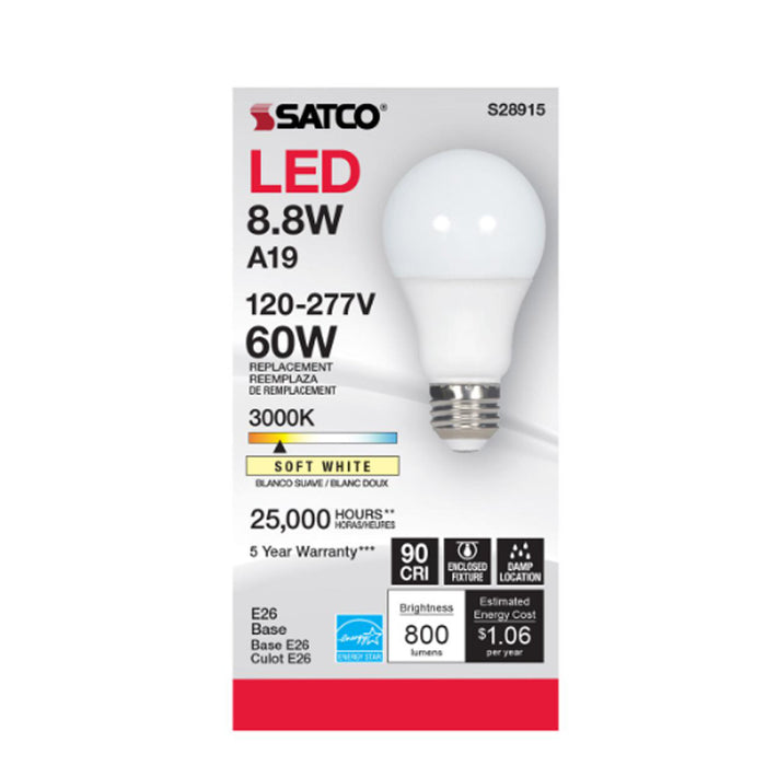 Satco S28915 8.8W A19 LED Bulb, 3000K, E26 Base,220 deg. Beam Angle, 120-277V