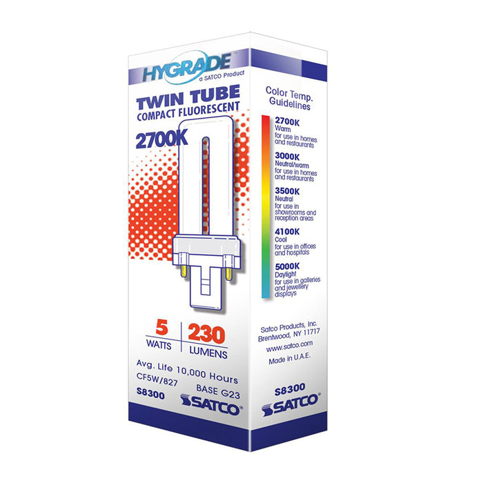 Satco S8300 5W Pin-Based Compact Fluorescent, 2700K, G23 Base