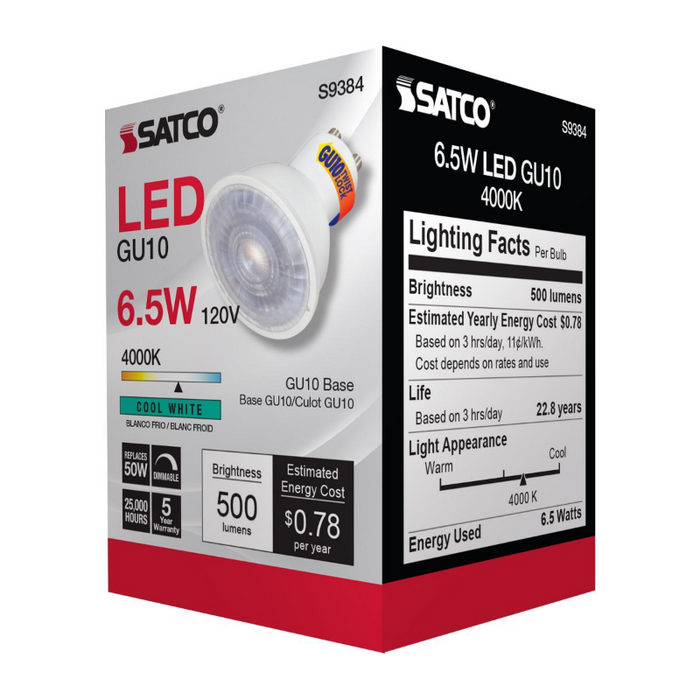 Satco S9384 6.5W MR16 Dimmable LED Bulb - GU10 base, 4000K
