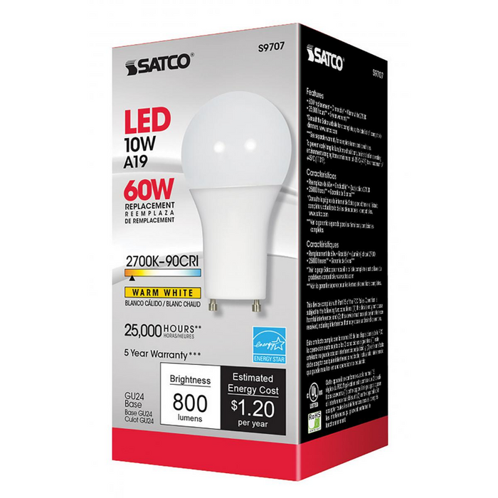 Satco S9707 10W A19 Dimmable LED Bulb, 2700K, GU24 Base