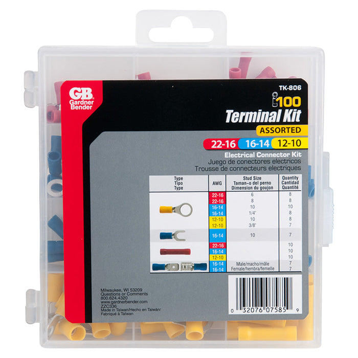 Gardner Bender TK-806 Ring and Spade Terminals, Butt Splices, Male and Female Disconnects, 22-10 AWG (5 mm²)