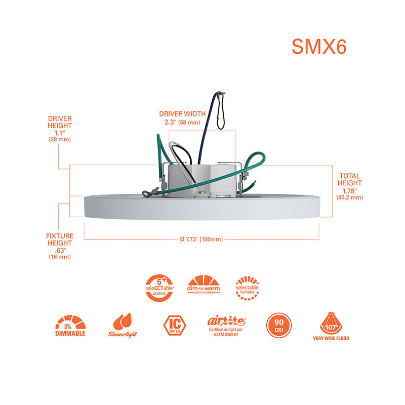 Halo SMX6RLSFS010 6" Round Surface Mount LED Downlight, 5CCT & 3 Lumens Selectable, 120-277V, Matte White