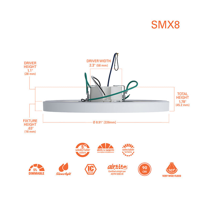 Halo SMX8RLSFS010 8" Round Surface Mount LED Downlight, 5CCT & 3 Lumens Selectable, 120-277V, Matte White