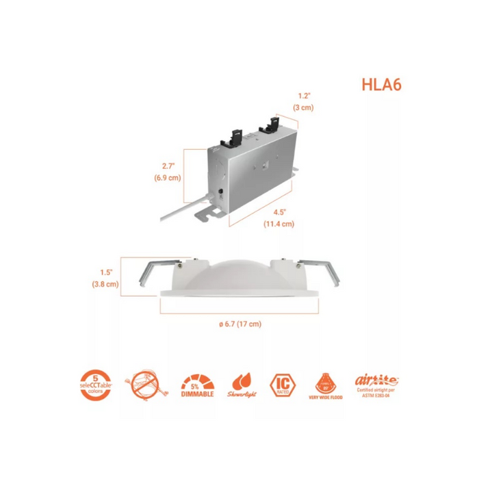 Halo HLA 6" Round Super Adjustable Recessed Canless LED Downlight, 5CCT Selectable, 120V, Matte White