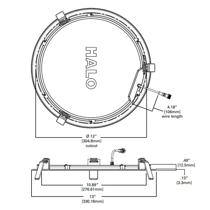 Foco empotrable LED Halo HLB de 12" delgado sin carcasa con lente, controlador remoto y caja de conexiones