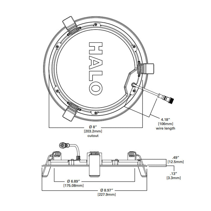 Foco empotrable LED Halo HLB de 8" con lente delgada sin carcasa, controlador remoto y caja de conexiones