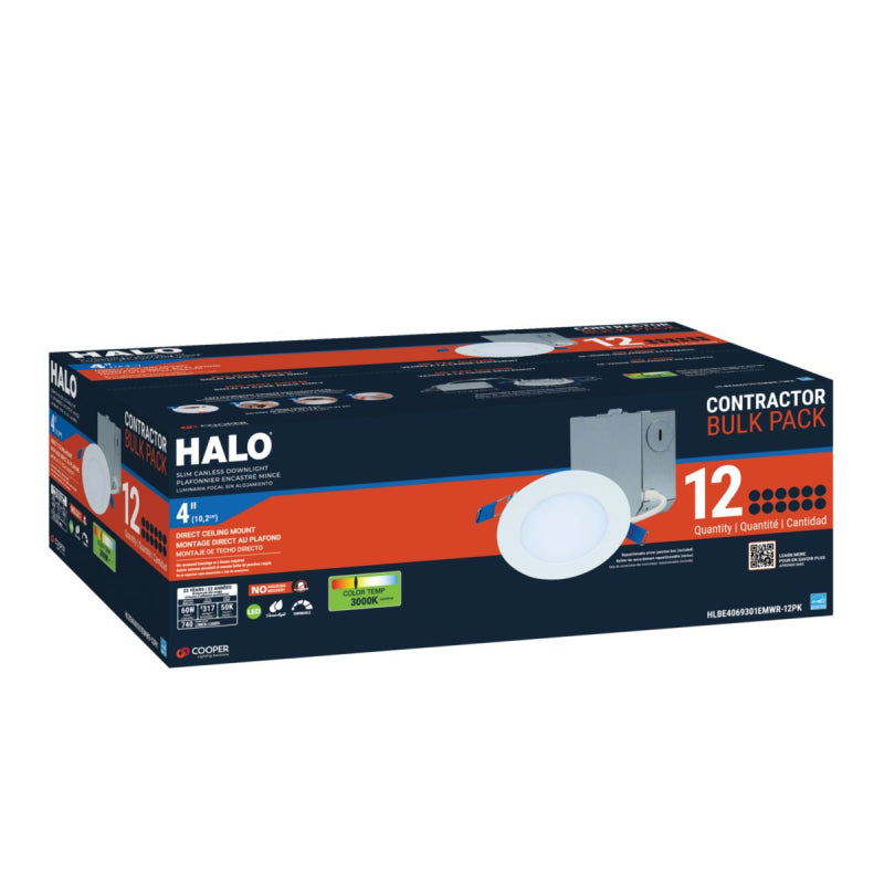 Halo HLBE4 4" Ultra-Slim LED Downlight, New Construction/Remodel Integrated LED Recessed Light Kit, 3000K, 600 Lumens, 120V