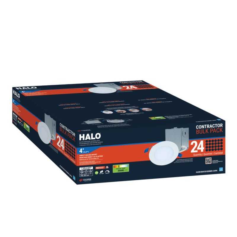 Halo HLBE4 4" Ultra-Slim LED Downlight, New Construction/Remodel Integrated LED Recessed Light Kit, 3000K, 600 Lumens, 120V