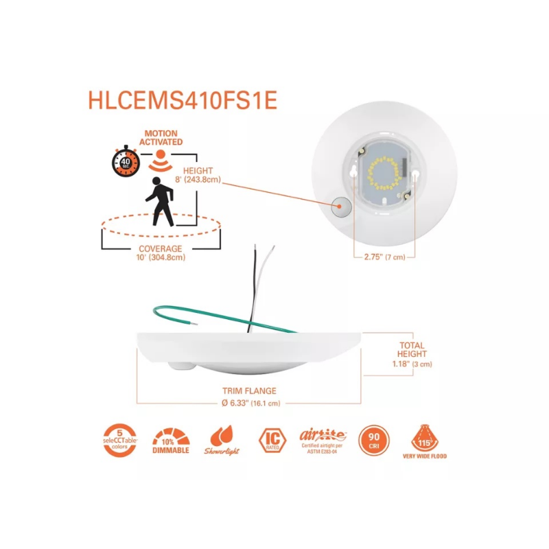 Halo HLCEMS 4" Surface Mount LED Disk Light with Integrated Motion Sensor, 5CCT Selectable, 1075 Lumens, 120V, Matte White, California Version