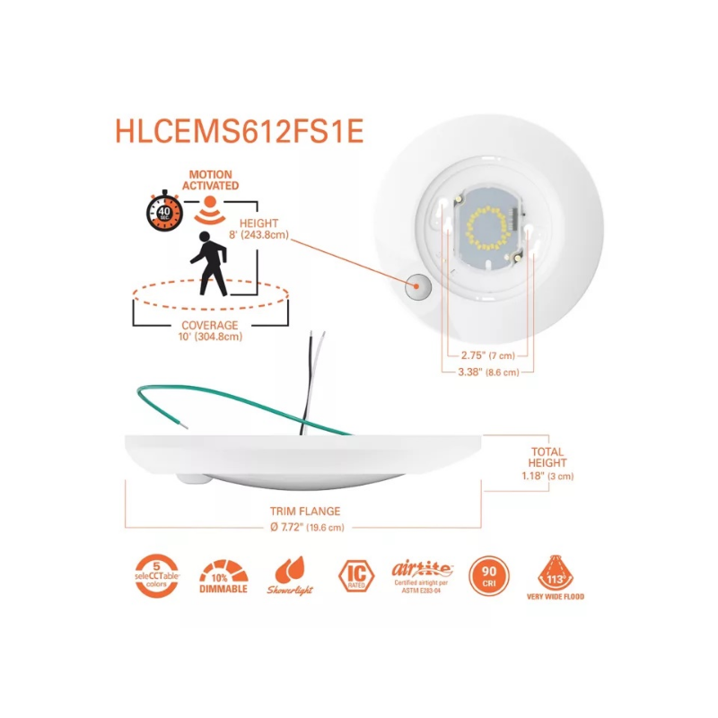 Halo HLCEMS 6" Surface Mount LED Disk Light with Integrated Motion Sensor, 5CCT Selectable, 1305 Lumens, 120V, Matte White, California Version