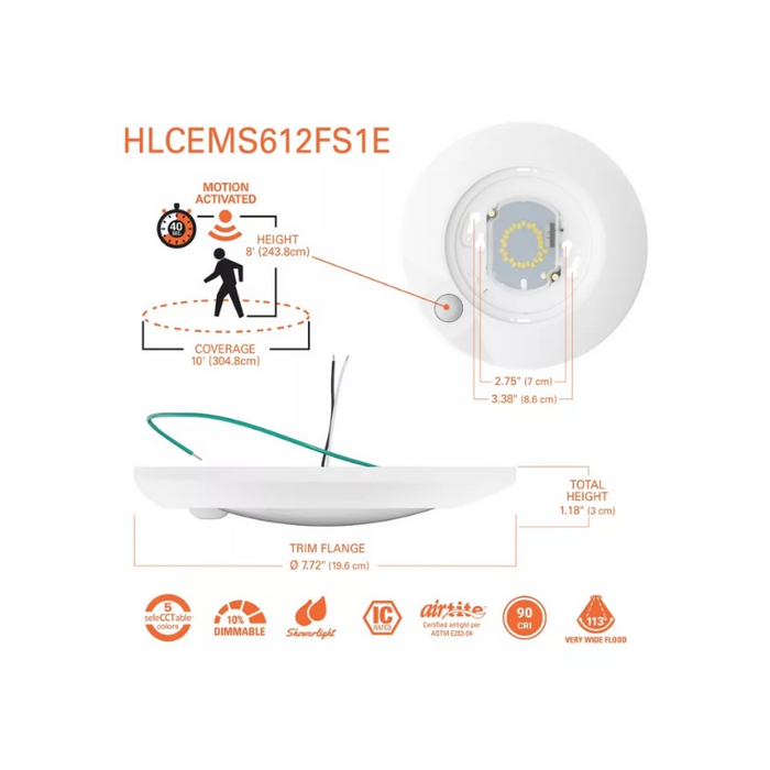 Halo HLCEMS 6" Surface Mount LED Disk Light with Integrated Motion Sensor, 5CCT Selectable, 1305 Lumens, 120V, Matte White, California Version