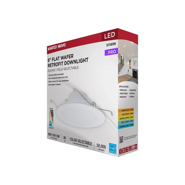 Satco S11896 6" Round 9W/11W/13W LED Flat Wafer Downlight Retrofit, 5CCT Selectable, Matte White Finish