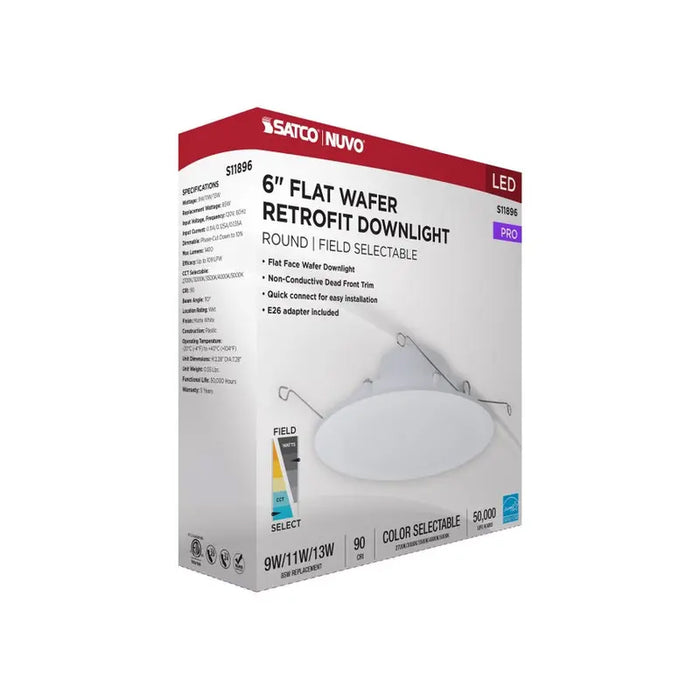 Satco S11896 6" Round 9W/11W/13W LED Flat Wafer Downlight Retrofit, 5CCT Selectable, Matte White Finish