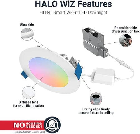 Halo HLB4069WZ 4" Smart Wi-Fi Slim Canless LED Downlight, RGBW, 600 Lumens, with Wiz App, 120V