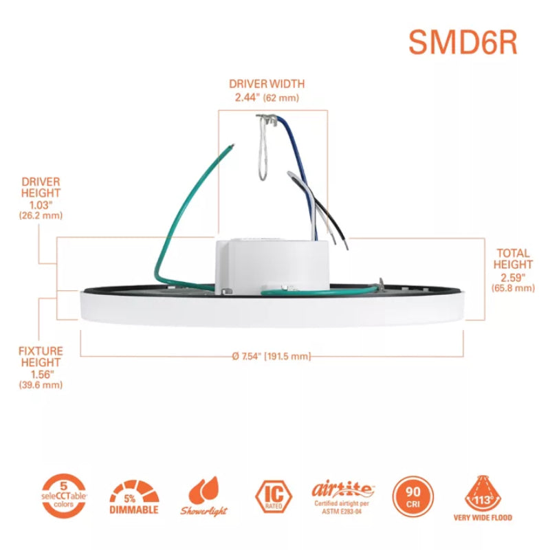 Halo SMD6 6" LED Round Surface Mount Downlight, 5CCT Selectable, 120V