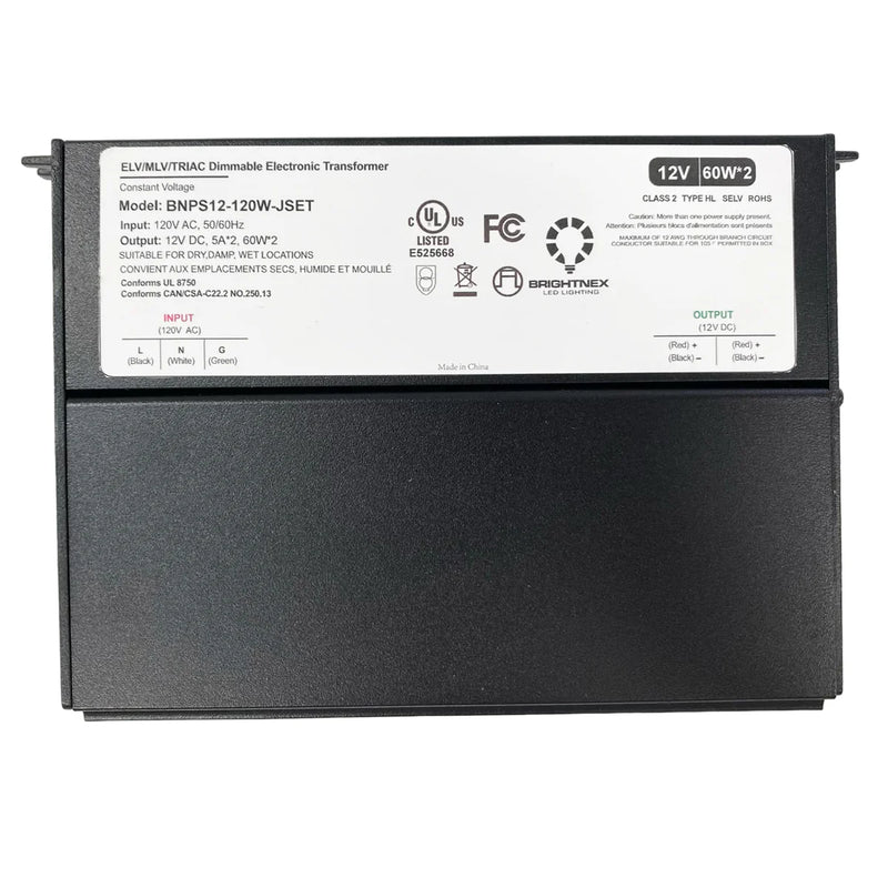 Brightnex BNPS12-120W-JSET 12V 120W Dimmable LED Transformer | Dual Output | TRIAC/ELV/MLV | UL Class 2 | Wet Location Rated