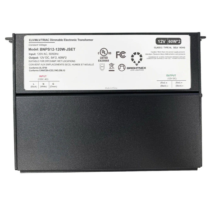 Brightnex BNPS12-120W-JSET 12V 120W Dimmable LED Transformer | Dual Output | TRIAC/ELV/MLV | UL Class 2 | Wet Location Rated