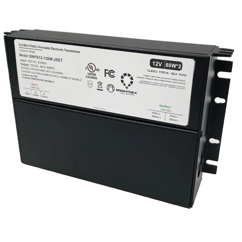 Brightnex BNPS12-120W-JSET 12V 120W Dimmable LED Transformer | Dual Output | TRIAC/ELV/MLV | UL Class 2 | Wet Location Rated