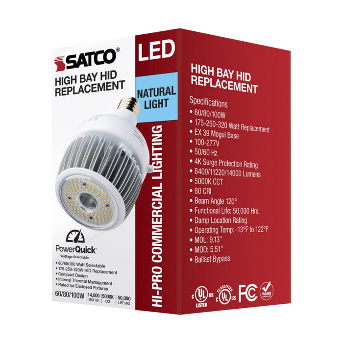 Bombilla LED Satco S33113 de 60 W, 80 W y 100 W para alta bahía, casquillo EX39, 5000 K